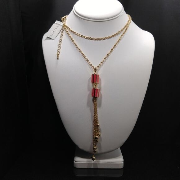 Talbots Gold Tassel Long Necklace, Red Enamel Beads, New With Tags - Picture 8 of 8
